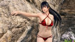 Rule 34 | 1girl, 3d, bikini, black hair, blunt bangs, breasts, cleavage, cowboy shot, criss-cross halter, dead or alive, dead or alive xtreme venus vacation, halterneck, hime cut, large breasts, long hair, navel, nyotengu, official art, outdoors, outstretched arm, purple eyes, solo, standing, swimsuit