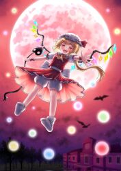 Rule 34 | 1girl, ascot, blonde hair, fangs, flandre scarlet, frills, hat, highres, laevatein (touhou), mob cap, moon, multicolored wings, nene man, open mouth, outstretched arm, red eyes, red skirt, skirt, solo, touhou, white hat, wings