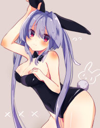 Rule 34 | 1girl, animal ears, arm up, bare arms, bare shoulders, black bow, black bowtie, black leotard, blush, bow, bowtie, breasts, brown background, bunny day, cleavage, closed mouth, collar, commentary request, covered navel, detached collar, ebihara beniko, fake animal ears, fingernails, flying sweatdrops, hair between eyes, hair intakes, hand on own chest, hand up, highres, large breasts, leotard, light smile, long hair, looking at viewer, original, playboy bunny, purple hair, rabbit ears, rabbit girl, rabbit tail, red eyes, simple background, solo, strapless, strapless leotard, tail, twintails, very long hair, white collar, wing collar, x