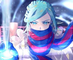 Rule 34 | 1boy, androgynous, blue eyes, blue hair, blue mittens, creatures (company), game freak, grusha (pokemon), hand up, highres, holding, holding tera orb, jacket, kuruni purikyua, long hair, long sleeves, looking at viewer, male focus, mittens, nintendo, pokemon, pokemon sv, scarf, scarf over mouth, solo, striped clothes, striped scarf, tera orb, yellow jacket