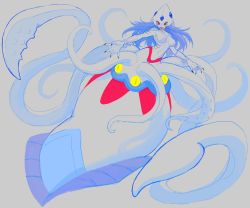 Rule 34 | 1girl, absurdres, artist request, breasts, calamaramon, digimon, fingernails, full body, highres, large breasts, long hair, looking at viewer, monster girl, open mouth, purple hair, red eyes, simple background, squid girl, tail, tentacles, very long hair, wide hips, yellow eyes