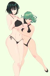 Rule 34 | 2girls, :o, absurdres, bare shoulders, bikini, black bikini, black footwear, breasts, collarbone, face to breasts, fubuki (one-punch man), green background, green eyes, green hair, hand on another&#039;s stomach, hand on own chest, head on chest, height difference, highres, huge breasts, looking at viewer, multiple girls, navel, one-punch man, open mouth, shiny skin, siblings, simple background, sisters, small breasts, sombra222, string bikini, swimsuit, tatsumaki, thong bikini