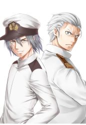 Rule 34 | 10s, 2boys, admiral (kancolle), back-to-back, borrowed character, crossed arms, crossover, frown, glaring, grey hair, hands on own hips, hat, kantai collection, looking at viewer, male focus, military, military hat, military uniform, multiple boys, naval uniform, peaked cap, short hair, simple background, smile, soborou, uniform, white background, white hair, yamamoto arifred