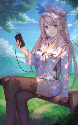 Rule 34 | 1girl, aiguillette, anchor, arm support, bad id, bad pixiv id, between breasts, black bra, black thighhighs, blonde hair, blue eyes, blush, bra, breasts, catsmoon, cellphone, cleavage, cloud, cloudy sky, collarbone, crossed legs, dappled sunlight, day, earphones, flat cap, hat, hat feather, highres, lexington (warship girls r), long hair, long sleeves, looking at viewer, medium breasts, military, military uniform, mountain, outdoors, phone, shorts, sitting, sitting on fence, sky, smartphone, smile, solo, sunlight, thighhighs, underwear, uniform, warship girls r, white hat, white shorts