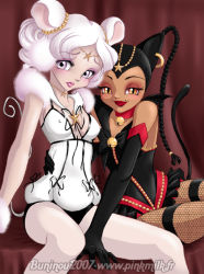 Rule 34 | 1990s (style), 2girls, animal ears, bell, bishoujo senshi sailor moon, bishoujo senshi sailor moon sailor stars, black hair, blush, breasts, cat ears, cat tail, cleavage, dark-skinned female, dark skin, earmuffs, gloves, grey eyes, hand on own hip, hug, makeup, mouse ears, mouse tail, multiple girls, net stockings, retro artstyle, sailor iron mouse, sailor tin nyanko, tail, thighhighs, twintails, white hair, yellow eyes, yuri