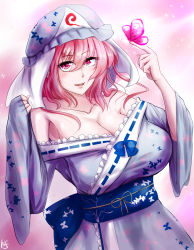 Rule 34 | 1girl, adapted costume, animal print, bad id, bad pixiv id, bare shoulders, blue kimono, blush, breasts, bug, butterfly, butterfly on hand, butterfly print, cleavage, collarbone, floral print, frilled kimono, frills, gradient background, hair between eyes, hands up, hat, highres, huge breasts, ibara azuki, insect, japanese clothes, keiazu, kimono, long sleeves, looking at viewer, mob cap, obi, off shoulder, open mouth, pink background, pink eyes, pink hair, ribbon-trimmed clothes, ribbon trim, saigyouji yuyuko, sash, signature, smile, solo, taut clothes, touhou, triangular headpiece, upper body, veil, white background, wide sleeves
