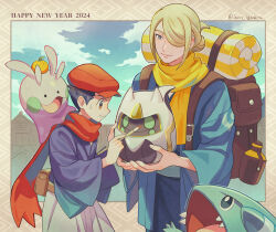 Rule 34 | 2024, 2boys, backpack, bag, black hair, blonde hair, brown bag, closed mouth, cloud, commentary request, creatures (company), day, game freak, gen 4 pokemon, gen 6 pokemon, gible, goomy, grey eyes, hair bun, happy new year, hat, highres, holding, holding paintbrush, jacket, janis (hainegom), male focus, multiple boys, new year, nintendo, outdoors, paintbrush, pokemon, pokemon (creature), pokemon legends: arceus, red headwear, red scarf, rei (pokemon), scarf, short hair, sky, smile, sweatdrop, volo (pokemon)