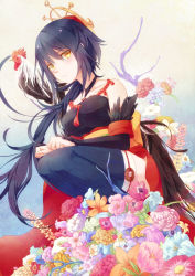 Rule 34 | 1girl, aji nashi (dress), bare shoulders, bird, black hair, black thighhighs, branch, breasts, chicken, choker, clenched hand, clenched hands, detached sleeves, feathers, flower, hair ornament, jewelry, long hair, long skirt, looking away, obi, original, pendant, personification, ribbon choker, rooster, sarashi, sash, side slit, skirt, small breasts, solo, squatting, striped clothes, striped thighhighs, tail, tassel, thighhighs, vertical-striped clothes, vertical-striped thighhighs, yellow eyes