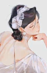 Rule 34 | 1girl, blush, closed eyes, closed mouth, dress, earrings, fingernails, grey background, hair ornament, hair ribbon, hand on own chin, highres, jewelry, moaomao mo, original, ribbon, shell, shell earrings, short hair, sidelocks, simple background, smile, solo, upper body, white dress