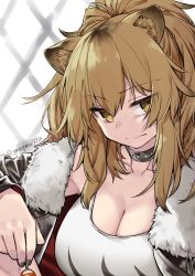 Rule 34 | 1girl, animal ears, arknights, blonde hair, breasts, candy, cleavage, close-up, collarbone, commentary, food, fur-trimmed jacket, fur trim, holding, holding food, hood, hooded jacket, jacket, knee up, large breasts, lion ears, lollipop, long hair, looking at viewer, ponytail, siege (arknights), simple background, solo, studded choker, tank top, twitter username, upper body, white background, white tank top, yom (ymayma00ss)