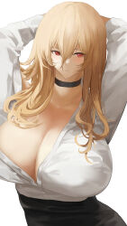 Rule 34 | 1girl, absurdres, arms behind head, axicoi, azur lane, black choker, black skirt, blonde hair, breasts, choker, cleavage, high-waist skirt, highres, huge breasts, implacable (azur lane), implacable (shepherd of the &quot;lost&quot;) (azur lane), long hair, long sleeves, official alternate costume, partially unbuttoned, pencil skirt, red eyes, shirt, shirt tucked in, skirt, solo, upper body, white shirt