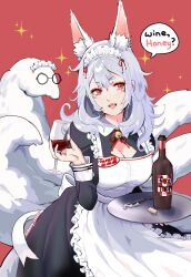 Rule 34 | 1girl, alcohol, alternate costume, animal ear fluff, animal ears, apron, black dress, bottle, bottle opener, breasts, cherry cheezy, cleavage, cork, cup, dress, drinking glass, english text, enmaided, eyeshadow, fox ears, fox girl, fox tail, grey hair, highres, holding, holding cup, holding tray, long hair, looking to the side, maid, maid headdress, makeup, mature female, medium breasts, mole, mole under eye, multiple tails, nijisanji, nijisanji en, nina kosaka, red background, red eyes, red eyeshadow, solo, sparkle, speech bubble, tail, tray, twitter username, virtual youtuber, white apron, wine, wine bottle, wine glass