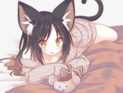 Rule 34 | 1girl, :3, animal ear fluff, animal ears, bare shoulders, bed sheet, black hair, blush, brown eyes, brown hair, brown sweater, cat ears, cat girl, cat tail, commentary request, daidai ookami, fang, gradient hair, highres, long sleeves, lying, multicolored hair, off shoulder, on stomach, open mouth, original, sleeves past fingers, sleeves past wrists, solo, stuffed animal, stuffed koala, stuffed toy, sweater, tail, tail raised