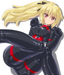 Rule 34 | 10s, 1girl, arnval, bad id, bad pixiv id, blonde hair, bodysuit, breasts, busou shinki, dd (ijigendd), doll joints, hair ribbon, joints, knees together feet apart, long hair, lying, on back, ponytail, red eyes, ribbon, solo
