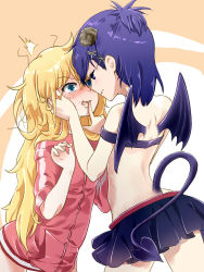 Rule 34 | 2girls, ^^^, aqua eyes, back, bare shoulders, blonde hair, blue eyes, blue hair, blush, commentary request, demon girl, demon horns, demon tail, demon wings, finger to another&#039;s mouth, forehead-to-forehead, frown, gabriel dropout, gabriel tenma white, hair ornament, hallelujah essaim, heads together, holding face, horns, imminent kiss, jacket, long hair, messy hair, miniskirt, multiple girls, open mouth, parted lips, profile, revision, sazanka, short hair, skirt, strapless, tail, track jacket, tube top, vignette tsukinose april, wings, x hair ornament, you gonna get raped, yuri
