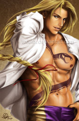 Rule 34 | 1boy, abs, blonde hair, blue eyes, braid, eyebrows, hair flip, light smile, lips, long hair, low-tied long hair, male focus, manly, navel, nose, open clothes, open shirt, pectorals, realistic, shirt, signature, single braid, solo, street fighter, tattoo, tixie lix, vega (street fighter), very long hair