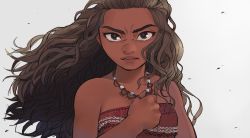 Rule 34 | 1girl, bare arms, bare shoulders, breasts, brown eyes, brown hair, clenched hand, close-up, dark-skinned female, dark skin, disney, floating hair, frown, grey background, hair slicked back, jewelry, long hair, looking at viewer, moana (movie), moana waialiki, necklace, pano (mohayayamai), pearl necklace, serious, simple background, solo, solo focus, tank top, upper body, wind, wind lift