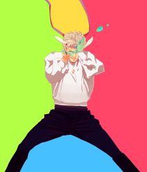 Rule 34 | 1boy, absurdres, bad id, bad pixiv id, blonde hair, bubble, caesar anthonio zeppeli, facial mark, feather hair ornament, feathers, hair ornament, headband, highres, hydrokinesis, jojo no kimyou na bouken, male focus, simple background, solo, water, wolfsea