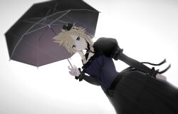 Rule 34 | 1boy, black background, blonde hair, bow, braid, cleavage cutout, clothing cutout, cloud strife, commentary, crossdressing, final fantasy, final fantasy vii, final fantasy vii remake, hair bow, holding, holding umbrella, official alternate costume, paramagi, simple background, solo, spiked hair, standing, symbol-only commentary, twin braids, umbrella