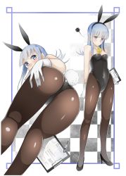 Rule 34 | 1girl, animal ears, ass, ass grab, blue eyes, blue hair, blush, commentary request, detached collar, fake animal ears, full body, gloves, grabbing own ass, hatsukaze (kancolle), highres, kantai collection, leotard, long hair, looking at viewer, multiple views, pantyhose, playboy bunny, rabbit ears, rabbit tail, shinonome yuu, tail