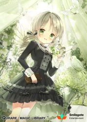 Rule 34 | 1girl, angel wings, bad id, bad pixiv id, bird, black dress, candle, candlestand, dove, dress, drill hair, flower, green eyes, grey hair, long hair, looking at viewer, official art, qurare magic library, siloteddy, solo, standing, white flower, wings