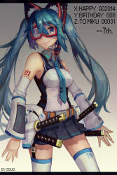 Rule 34 | 1girl, adapted costume, animal ears, bad id, bad pixiv id, blue eyes, breasts, cat ears, cat girl, character name, female focus, goggles, happy birthday, hatsune miku, jiaoshouxingfa, katana, kemonomimi mode, long hair, looking at viewer, medium breasts, necktie, open \m/, skirt, smile, solo, sword, thighhighs, twintails, vocaloid, weapon, zettai ryouiki