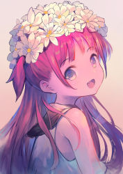 Rule 34 | 1girl, :d, bare shoulders, black sailor collar, blush, brown background, commentary request, dress, fang, flower, grey eyes, hair flower, hair ornament, highres, katou umi, leilin, long hair, looking at viewer, looking to the side, one side up, open mouth, pink hair, revision, sailor collar, sailor dress, sleeveless, sleeveless dress, smile, solo, summer pockets, upper body, white dress, white flower