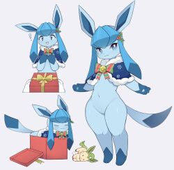 Rule 34 | !, blue eyes, blue skin, bow, box, character doll, christmas, closed eyes, clothed pokemon, colored extremities, colored skin, creatures (company), furry, game freak, gen 4 pokemon, gift, gift box, glaceon, glaceon (holiday), green bow, hair ornament, highres, holly hair ornament, leafeon, liteee, looking at viewer, multiple views, navel, nintendo, open mouth, pokemon, pokemon (creature), pokemon go, red bow, simple background, striped, striped bow, stuffed animal, stuffed toy, tail, white background