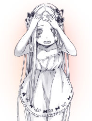 Rule 34 | 1girl, abigail williams (fate), arms up, bandaid, bandaid on face, bandaid on forehead, bare arms, bare shoulders, blush, bow, collarbone, cowboy shot, dress, fate/grand order, fate (series), frilled dress, frills, hair bow, long hair, looking at viewer, monochrome, open mouth, parted bangs, sharp teeth, sleeveless, sleeveless dress, sofra, solo, sweat, teeth, traditional media, very long hair