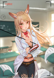 Rule 34 | ahri (league of legends), alternate costume, alternate hair color, belt, blonde hair, blush, book, bow, bowtie, breasts, chalkboard, choker, classroom, cleavage, collarbone, facial mark, highres, indoors, lab coat, league of legends, leaning forward, lipstick, long hair, long sleeves, looking at viewer, makeup, medium breasts, midriff, navel, paper, qiaomu, recording, red lips, red neckwear, shirt, tied shirt, torn clothes, torn legwear, watch, whisker markings, yellow eyes