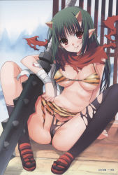 Rule 34 | 1girl, :p, animal print, black thighhighs, blush, cameltoe, demon girl, earrings, female focus, green hair, highres, horns, jewelry, kiya shii, legs, looking at viewer, oni, original, panties, pointy ears, red eyes, sitting, solo, sweat, thighhighs, tiger print, tongue, tongue out, torn clothes, torn panties, torn thighhighs, underwear, weapon