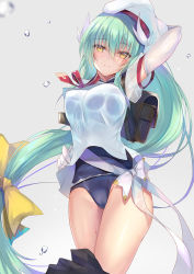 Rule 34 | 1girl, aqua hair, arm behind head, arm up, blue one-piece swimsuit, blush, bow, breasts, cameltoe, closed mouth, commentary request, cowboy shot, dragon girl, dragon horns, dragon tail, elbow gloves, fate/grand order, fate (series), gloves, green hair, grey background, groin, hat, horns, inoue takuya (tactactak), kiyohime (fate), kiyohime (swimsuit lancer) (second ascension) (fate), large breasts, long hair, looking at viewer, medium breasts, one-piece swimsuit, simple background, smile, solo, swimsuit, tail, thighs, very long hair, wet, wet clothes, white bow, white gloves, white hat, yellow eyes