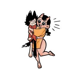 Rule 34 | 2girls, :3, animal ears, barefoot, bestkalium, black fur, black hair, body fur, cat ears, cat girl, cat tail, cheek-to-cheek, cheek press, chibi, closed eyes, dungeon meshi, full body, happy, heads together, height difference, highres, horns, hug, inutade, izutsumi, japanese clothes, kimono, lifting person, long hair, long sleeves, mole, mole under eye, multiple girls, oni, oni horns, open mouth, outstretched arms, red kimono, sandals, short hair, short kimono, simple background, smile, standing, standing on one leg, tail, waraji, white background, yellow kimono, zouri