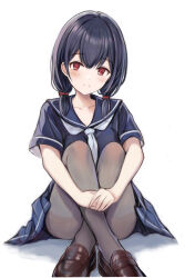 Rule 34 | 1girl, blue hair, blush, brown footwear, collarbone, commentary request, crossed ankles, dark blue hair, grey neckerchief, hugging own legs, idolmaster, idolmaster shiny colors, knees up, looking at viewer, morino rinze, nannacy7, neckerchief, own hands together, red eyes, school uniform, serafuku, short sleeves, short twintails, simple background, sitting, smile, solo, twintails, white background