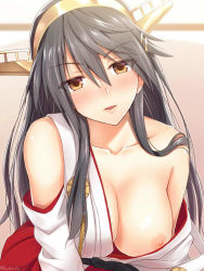 Rule 34 | 10s, 1girl, antennae, bad id, bad pixiv id, bare shoulders, black hair, blush, breasts, brown eyes, cleavage, collarbone, come hither, detached sleeves, female focus, gradient background, hair ornament, haruna (kancolle), head tilt, kanden sky, kantai collection, large breasts, long hair, looking at viewer, meme, nipples, no bra, off shoulder, revision, smile, solo