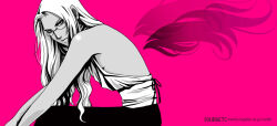 Rule 34 | 1girl, artist name, backless outfit, backless shirt, dark-skinned female, dark skin, from side, glasses, greyscale with colored background, hellsing, integra hellsing, long hair, looking at viewer, pink background, sitting, solo, toshimichi yukari