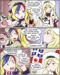 Rule 34 | 3girls, admiral paru, artist name, beret, bilingual, blonde hair, canadian flag, civilization (series), civilization vi, commandant teste (kancolle), english text, french text, grey hair, hat, kantai collection, mixed-language text, mole, mole under eye, multicolored hair, multiple girls, pola (kancolle), richelieu (kancolle), translated