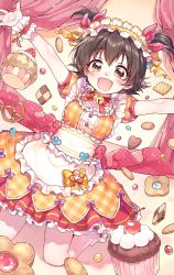 Rule 34 | 10s, 1girl, :d, akagi miria, bell, black hair, blush, brown eyes, cake, candy, checkerboard cookie, cookie, food, highres, idolmaster, idolmaster cinderella girls, idolmaster cinderella girls starlight stage, looking at viewer, open mouth, outstretched arms, rojiko, short hair, smile, solo, spread arms, two side up
