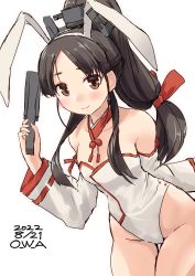 Rule 34 | 1girl, adapted costume, animal ears, bare legs, black hair, brown eyes, cowboy shot, dated, detached collar, detached sleeves, flat chest, folding fan, hand fan, high ponytail, highres, kantai collection, leotard, long hair, multi-tied hair, nisshin (kancolle), one-hour drawing challenge, owa (ishtail), playboy bunny, rabbit ears, red ribbon, ribbon, short eyebrows, simple background, solo, thick eyebrows, twitter username, very long hair, white background