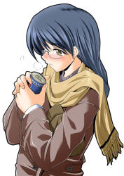 Rule 34 | 1girl, blue hair, blush, breath, brown eyes, buttons, can, cold, drink can, endou masatoshi, glasses, jacket, long sleeves, nose blush, original, pocket, rimless eyewear, scarf, simple background, soda can, solo, upper body, white background, winter clothes, yellow scarf