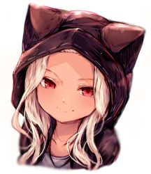 Rule 34 | 1girl, absurdres, animal ears, animal hood, blush, cat hood, erune, granblue fantasy, highres, hood, long hair, looking at viewer, red eyes, scathacha (granblue fantasy), silver hair, simple background, smile, solo, sukemyon, white background