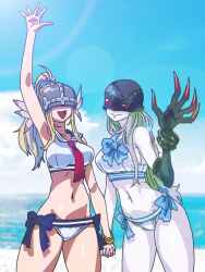 Rule 34 | angewomon, beach, blonde hair, breasts, digimon, digimon (creature), helmet, highres, holding hands, ladydevimon, large breasts, looking at viewer, mask, ribbon, swimsuit