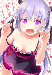 Rule 34 | 10s, 1girl, bare shoulders, blush, breasts, claw pose, cleavage, collarbone, demon girl, demon horns, demon wings, downblouse, dress, fangs, fur, hair ornament, heart, highres, horns, long hair, looking at viewer, makuran, medium breasts, new game!, no bra, off shoulder, open mouth, polka dot, polka dot background, purple eyes, purple hair, sleeveless, sleeveless dress, solo, spaghetti strap, strap slip, demon girl, suzukaze aoba, twintails, wings