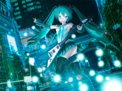 Rule 34 | 3d, blue eyes, blue hair, building, car, city lights, electric guitar, gibson flying v, guitar, hatsune miku, instrument, long hair, looking at viewer, motor vehicle, night, see-through, sega, smile, solo, tagme, twintails, very long hair, vocaloid