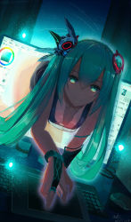 Rule 34 | 10s, 1girl, 2015, all fours, alternate costume, aqua eyes, aqua hair, artist name, cable, closed mouth, drawing tablet, dutch angle, feathers, gloves, glowing, hair between eyes, hatsune miku, headgear, highres, keyboard (computer), long hair, looking at viewer, monitor, mouse (computer), one-piece swimsuit, painttool sai, school swimsuit, signature, smile, solo, swimsuit, through medium, through screen, twintails, very long hair, vocaloid, xkc