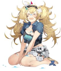 Rule 34 | &gt; &lt;, 1girl, akira (kadokawa), bandages, belt, blonde hair, blue eyes, blue shirt, breast pocket, breasts, buttons, cleavage, collarbone, collared shirt, crying, fish, full body, gambier bay (kancolle), hair between eyes, hairband, kantai collection, large breasts, official art, open mouth, pocket, sandals, shirt, short sleeves, shorts, tears, torn clothes, transparent background, twintails