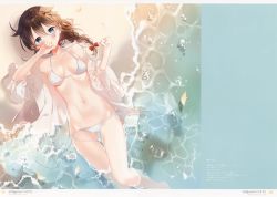 Rule 34 | 1girl, absurdres, ahoge, bikini, braid, brown hair, hair ornament, highres, kantai collection, long hair, looking at viewer, lying, naoto (tulip), on back, page number, scan, shigure (kancolle), side-tie bikini bottom, simple background, single braid, solo, stomach, swimsuit