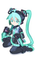 Rule 34 | 1girl, absurdres, ahoge, android, aqua eyes, aqua hair, aqua necktie, boots, bright pupils, cable, cheri zao, collared shirt, commentary, detached sleeves, film grain, full body, grin, hands up, hatsune miku, hatsune miku (vocaloid3), highres, holding, holding cable, holding hair, long hair, looking at viewer, mechanical parts, necktie, number tattoo, pleated skirt, robot girl, see-through, see-through skirt, see-through sleeves, shirt, sitting, skirt, smile, solo, tattoo, tearing up, tie clip, twintails, very long hair, vocaloid, wariza, white background, white pupils, wide-eyed