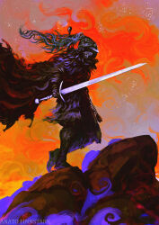 Rule 34 | 1other, anato finnstark, bloody wolf (elden ring), cape, elden ring, floating cape, from side, helm, helmet, highres, holding, holding sword, holding weapon, orange background, profile, solo, sword, tarnished (elden ring), walking, weapon, weapon on back