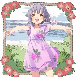 Rule 34 | 1girl, :d, beach, blue sky, blush, border, bush, cinderella girls gekijou, cloud, collarbone, commentary, contrapposto, cowboy shot, day, dress, feet out of frame, floral print, flower, hair flaps, hibiscus, idolmaster, idolmaster cinderella girls, koshimizu sachiko, lavender dress, layered dress, looking at viewer, ocean, open mouth, orange eyes, outdoors, outstretched arms, purple hair, rope, short hair, short sleeves, sky, smile, solo, spread arms, standing, yukie (kusaka shi)